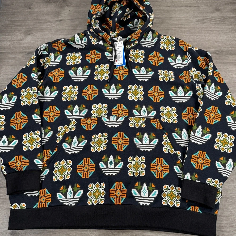 Adidas Originals AOP Trefoil Hoodie JW1085 Black Multicolor Pixel Geo Men's 2XL